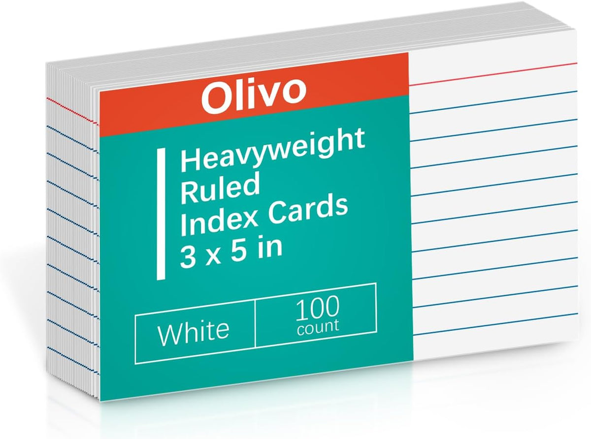 Index Cards 3x5 Lined Ruled Flash Note Cards 3" x 5", White, 100 Count, 200 GSM Heavy Weight
