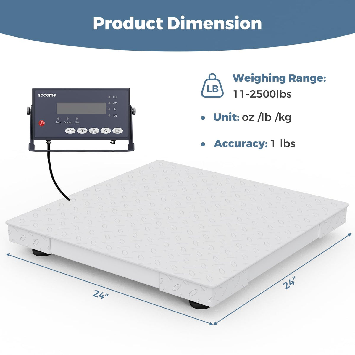 24"x24" Industrial Floor Scale, Precision Pallet Scale with Digital Indicator, Heavy Duty Weighing Scale for Floor Bench Office Weight Weighing, 2500 lb x 1 lb, Grey