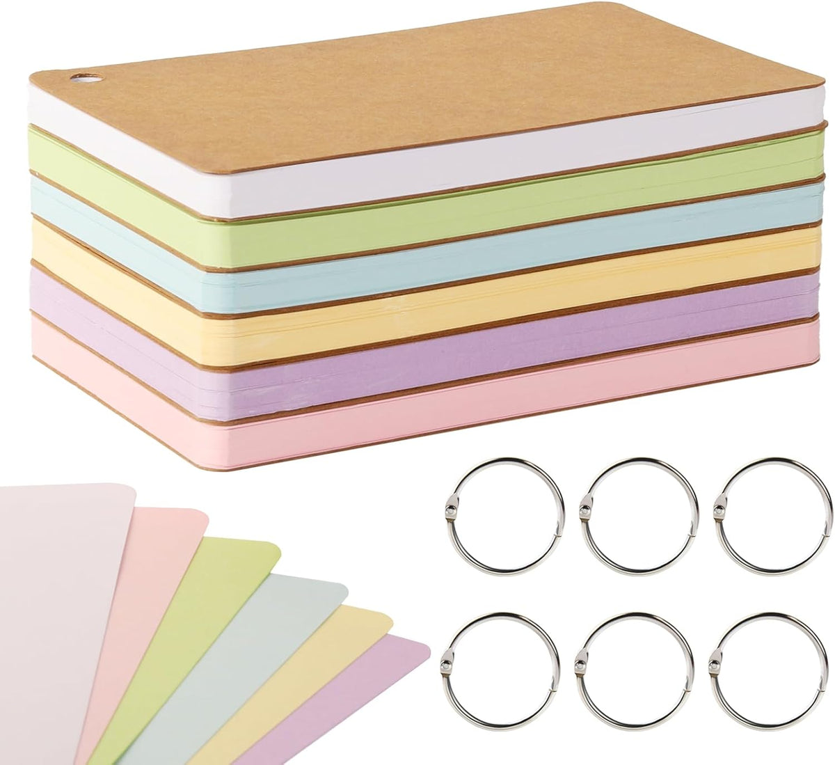 6 Pack Blank Index Cards 4 x 6 Inches, 360 PCS Colored Blank Index Flashcards Blank Flash Cards with Rings, Note Cards Punched for Study, Office and Home