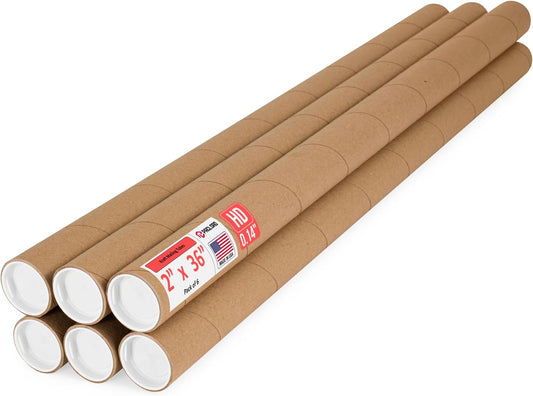 2" x 36" Heavy-Duty Reinforced Cardboard Mailing Tube, Pack of 6 Tubes with 12 Caps – Secure USPS Approved – Great for Shipping and Storing of Prints, Artwork, Posters or Documents