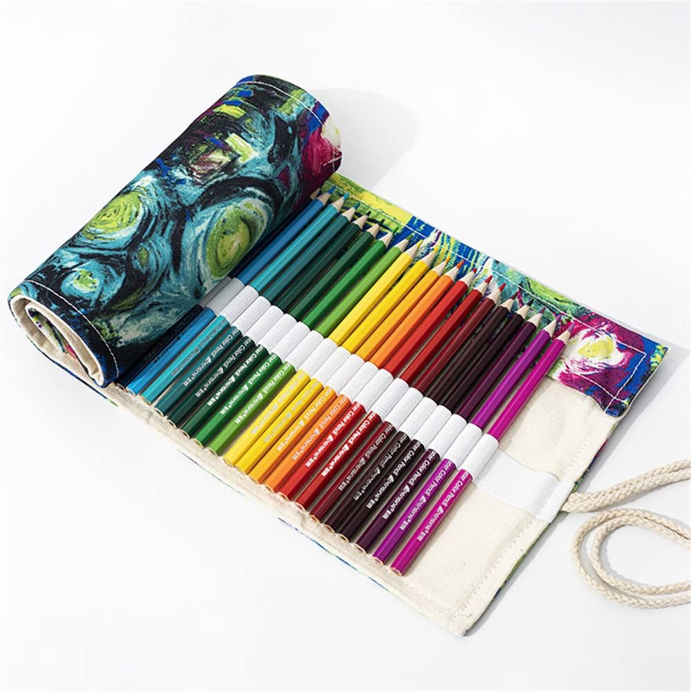 DIYOMR 24/36/72 Slots Pencil Wrap Pencil Rolls, Artist Colored Pencils Roll Up Bag Short Brushes Pouch Case Pencils Organizer for Drawing Coloring and Sketching (Ink Painting, 24slots)