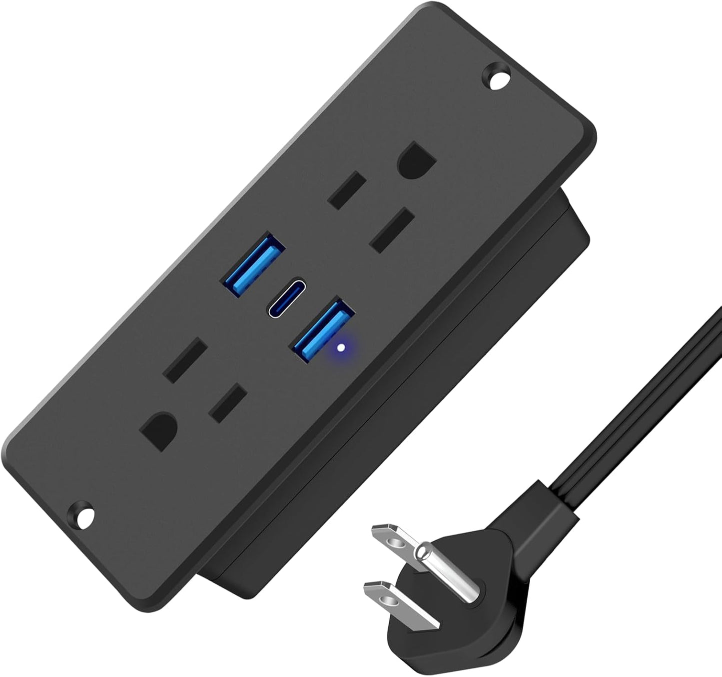 HHSOET 5 in 1 Recessed Power Strip Flat Plug, 65W Fast Charging Furniture Outlet with USB, Conference Recessed Socket with 2 AC Plugs, 2 USB Ports 1 USB-C, 10ft Power Cord. (Black)