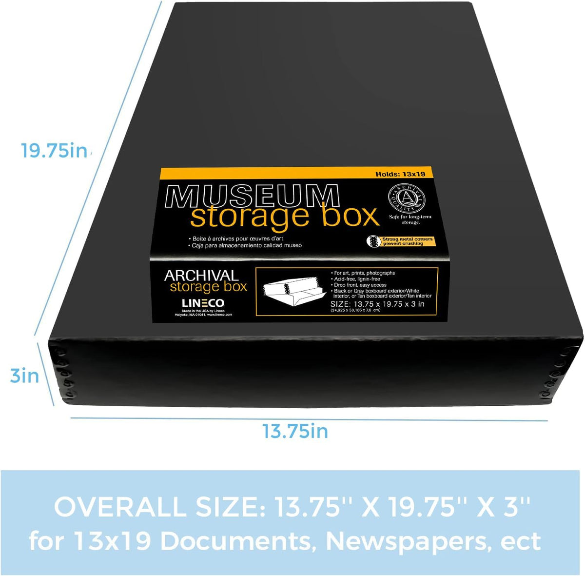 Lineco 13x19 Black Museum Storage Box, Removable Lid and Drop Front Design, 13.5 x 19.5 x 3 in Archival with Metal Edge, For Picture Longevity, Photos, Document, Crafts, Paper Art Print