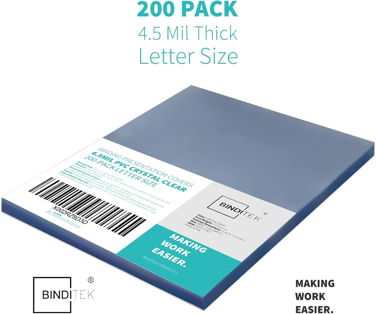 Binditek 200 Pack 4.5 Mil PVC Binding Covers, 8.5 x 11 Inches, Letter Size, Square Corners, Un-Punched, Office Supplies