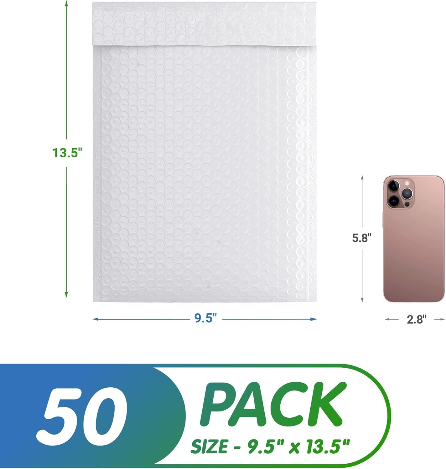 White Poly Bubble Mailers Self Seal, 9.5 x 13.5 Inch. Pack of 50 Bubble Packaging Envelopes for Shipping. Durable Padded Envelopes Waterproof. Self Seal Padded Mailers. Shipping Packages