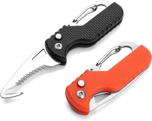 2 Pack Safety Box Cutter, EDC Seat belt Cutter with 1.1inch Hook Blade, Retractable Package Opener for Wrap, Tape and Strap, Small Keychain Knife, Cool Gadgets for Women Men