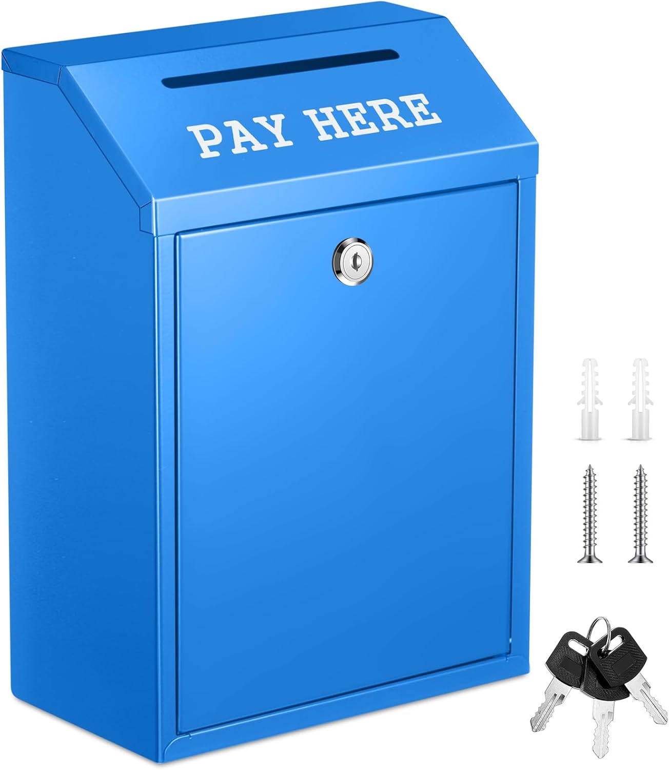 Safe Cash Box Money Collection Metal Donation Box with Lock Wall Mount Pre Drilled Mailbox Delivery Ballot for Home Office Outdoor Self Serve Stand(Blue,11.8 x 8.6 x 4.7 Inch)