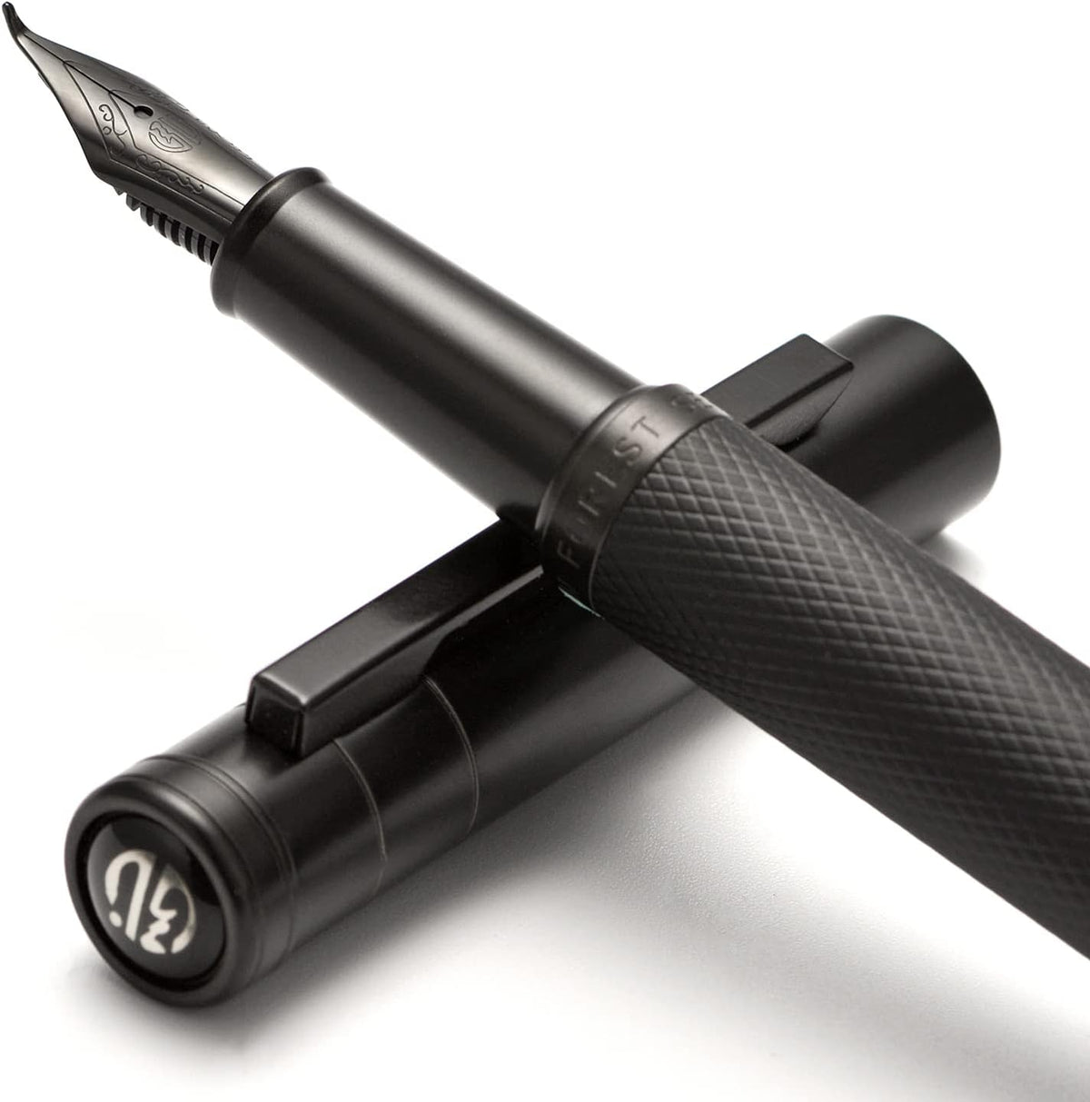 Brushed Black Forest Fude Pen, Bent Nib Calligraphy Fountain Pen (Fine to Broad) with Converter and Metal Box Set by Asvine