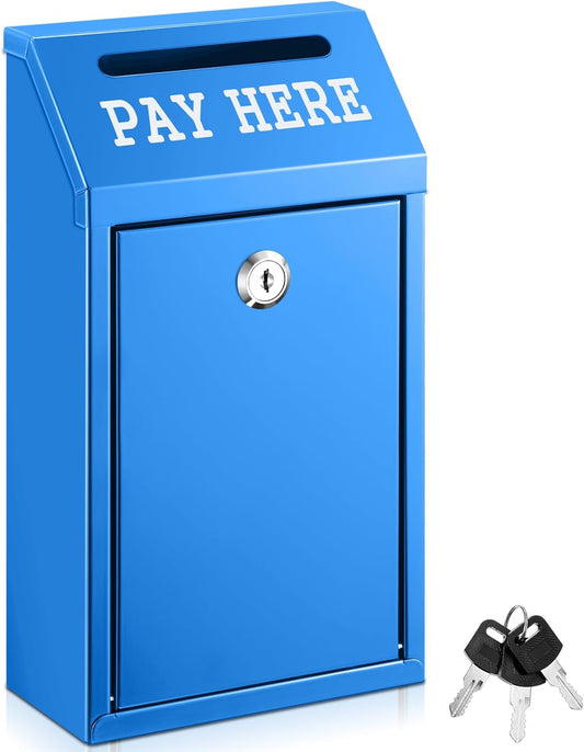 Safe Cash Box Money Collection Metal Donation Box with Lock Wall Mount Pre Drilled Mailbox Delivery Ballot for Home Office Outdoor Self Serve Stand(Blue,10.2 x 5.7 x 2.8 Inch)