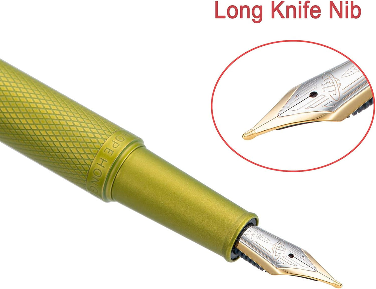Hongdian 1851 Mustard Yellow Forest Fountain Pen Blade Nib Classic Design Calligraphy Pen with Converter and Metal Pen Case Set