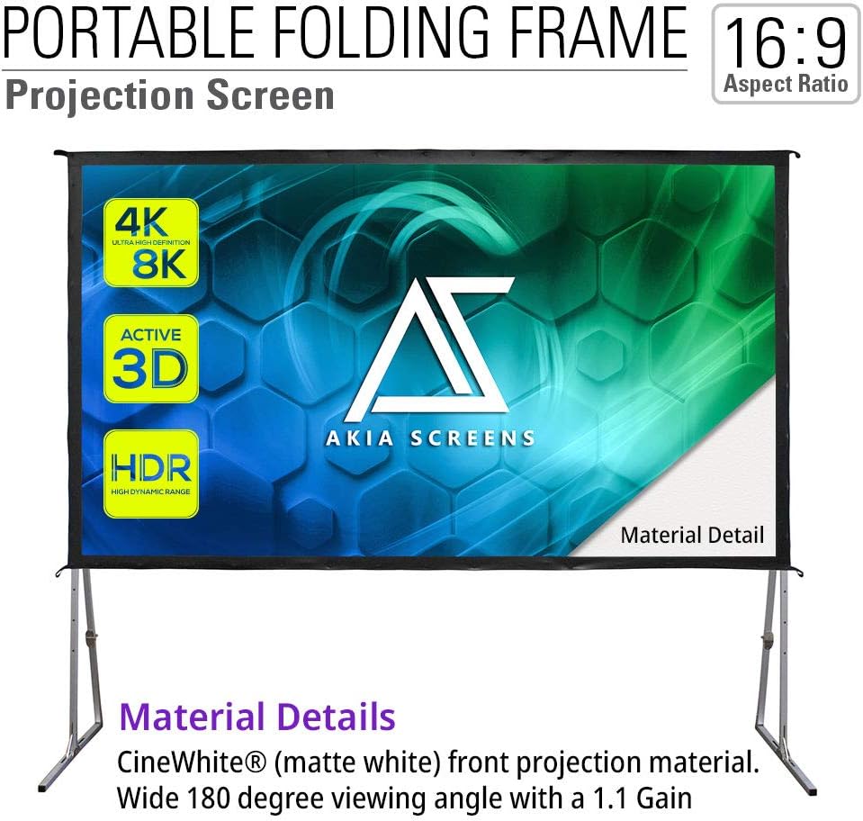 Akia Screens 145 inch Portable Outdoor Projector Screen with Stand and Bag 16:9 8K 4K Ultra HD 3D Adjustable Height Foldable Projection Screen Silver for Movie Video Home Theater AK-OS145H1