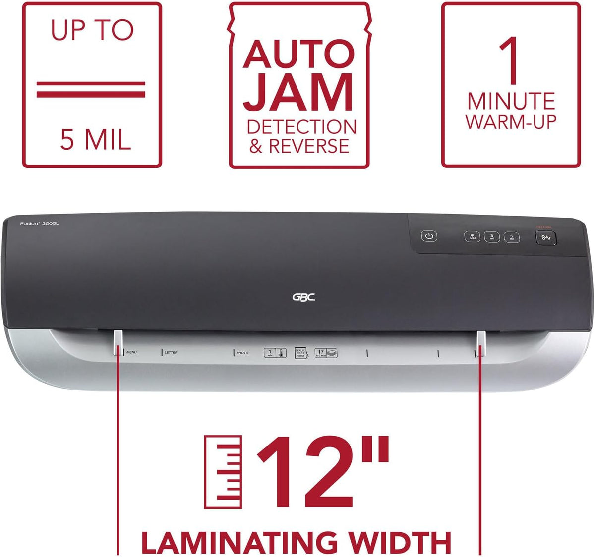 GBC Thermal Laminator Machine, Fusion 3000L, 12 Inch, 1 Min Warm-up, 3 or 5 Mil, with 30 EZUse Laminating Pouches (1703075)