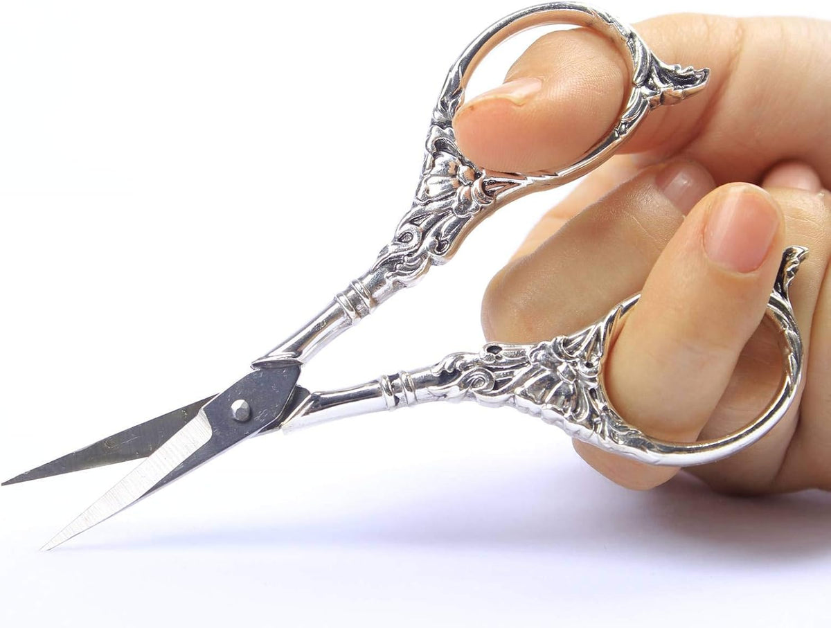 BIHRTC Vintage European Style Scissors Stainless Steel for Cross Stitch Cutting Embroidery Sewing Handcraft Craft Art Work DIY Tool(Silver)