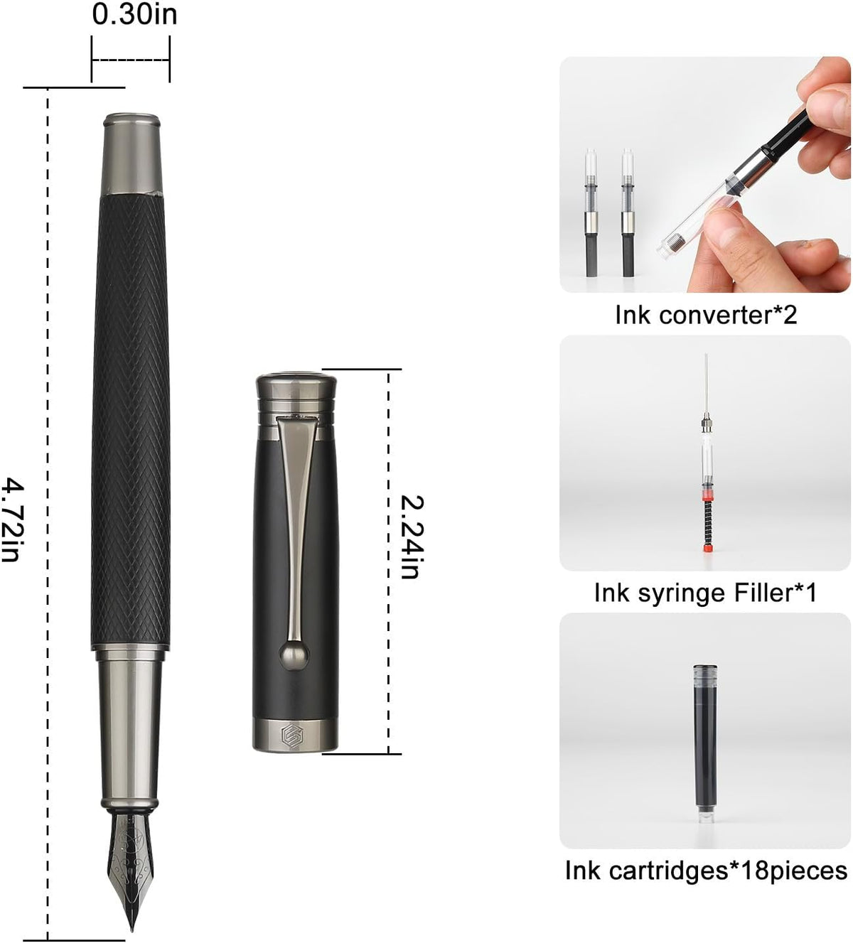GC QUILL Fountain Pen Set - Fine & Medium Nibs, Includes 18 Ink Cartridges, Ink Refill Converter & Syringe Filler, Gift for Writing, Journaling & Calligraphy MU-13