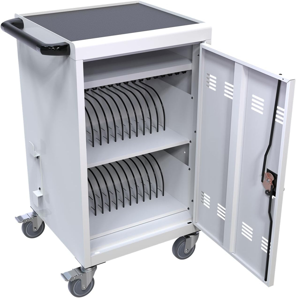 30-Device Mobile Charging Cart & Cabinet, Laptop & Tablet Storage, Lockable Station, Up to 17" Screens, White