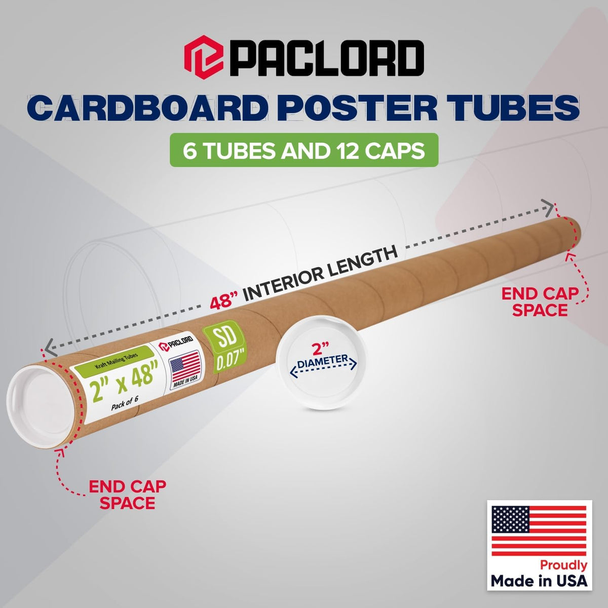 2" x 48" Reinforced Kraft Paper Mailing Tube, Pack of 6 Tubes with 12 Caps – Secure USPS Approved Poster Tube – Cardboard Tube for Shipping and Storing Posters, Prints, Artwork, or Documents