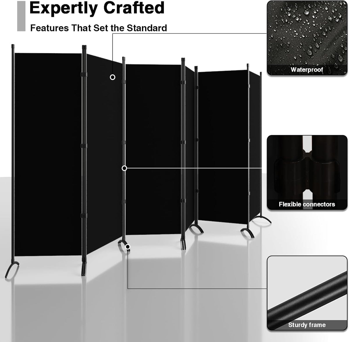 Room Divider 6-Panel Privacy Screen, Portable Screen Steel Frame with Hook&Loop for Home, Office, Classroom, Studio, Meeting (Black)