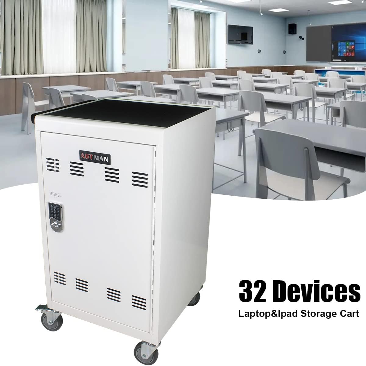 32 Device Charging Cart with Combination Lock, Laptop and Tablet Mobile Charging Cabinet for Up to 16.3" Devices with Cord Management, Desktop Charging and Storage Locker for Classroom or Office.White
