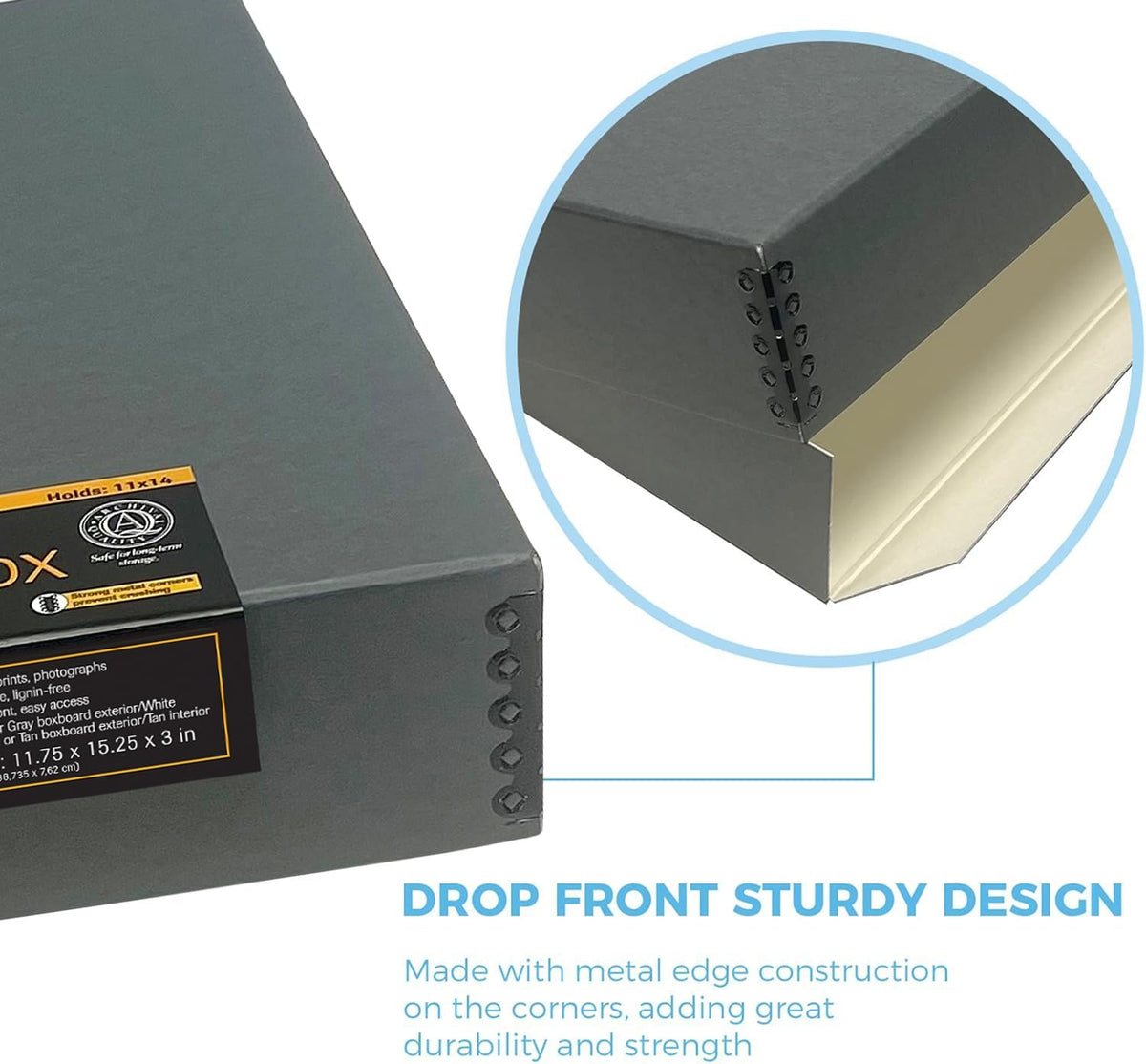 Lineco Museum Archival Storage Box, 11.75x15.25x3 in. Drop Front Design. Acid-Free with Metal Edge. Organize Photos, Pictures, Prints, Documents, Crafts, DIY. Gray, 2 Pack