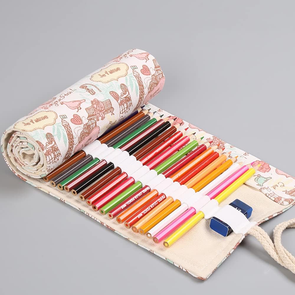 DIYOMR 24/36/72 Slots Pencil Wrap Pencil Rolls, Artist Colored Pencils Roll Up Bag Short Brushes Pouch Case Pencils Organizer for Drawing Coloring and Sketching (Paris Tower, 72slots)