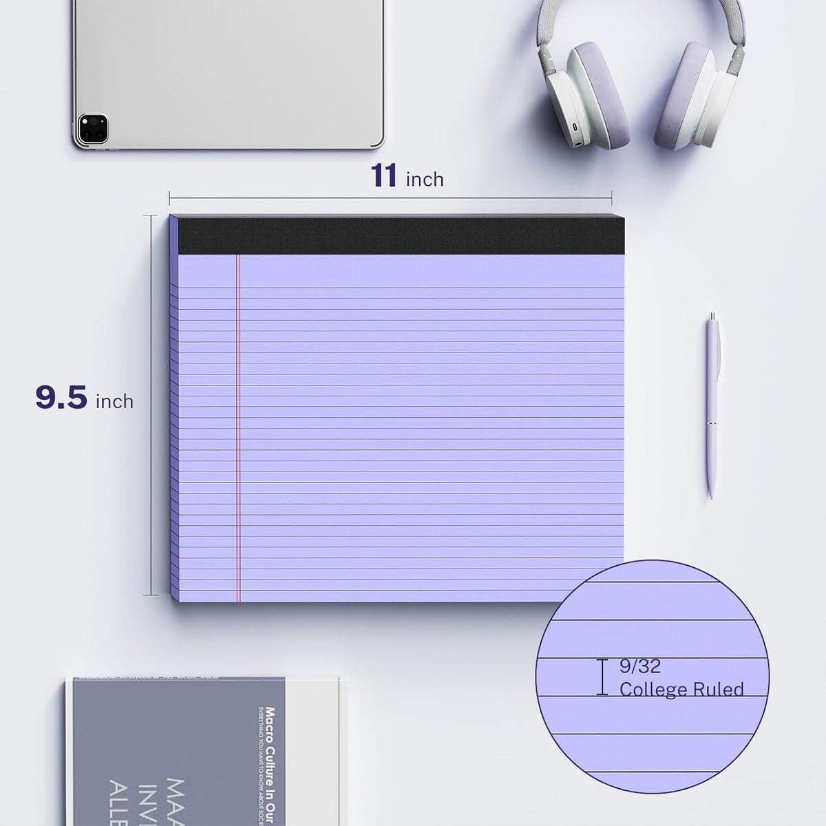 5 Pack Wide Legal Pads 11" x 9.5" Landscape Pink Purple Blue Green Yellow College Ruled Note Pad Narrow Ruled 30 Sheets per Notepad Perforated Writing Paper Thick Backboard Horizontal Pads of Paper
