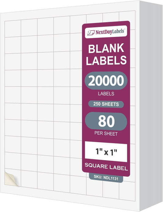 NextDayLabels – 1" x 1" Square Sticker Labels for Printer - White Laser/Inkjet Printer Labels Return Address Labels Shipping Label Stickers (250 Sheets, 80 Per Sheet, 20000 Labels)