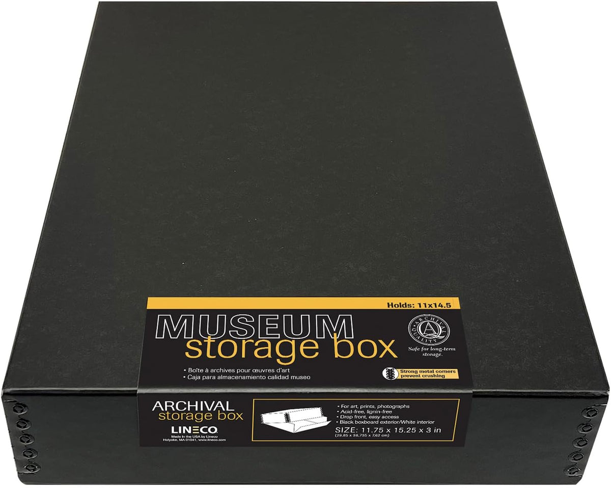Lineco Archival 11 x 14 x 3 inches Museum Archival Storage Box, Drop Front Design, Acid-Free with Metal Edge. Preserves Photos Documents, Black
