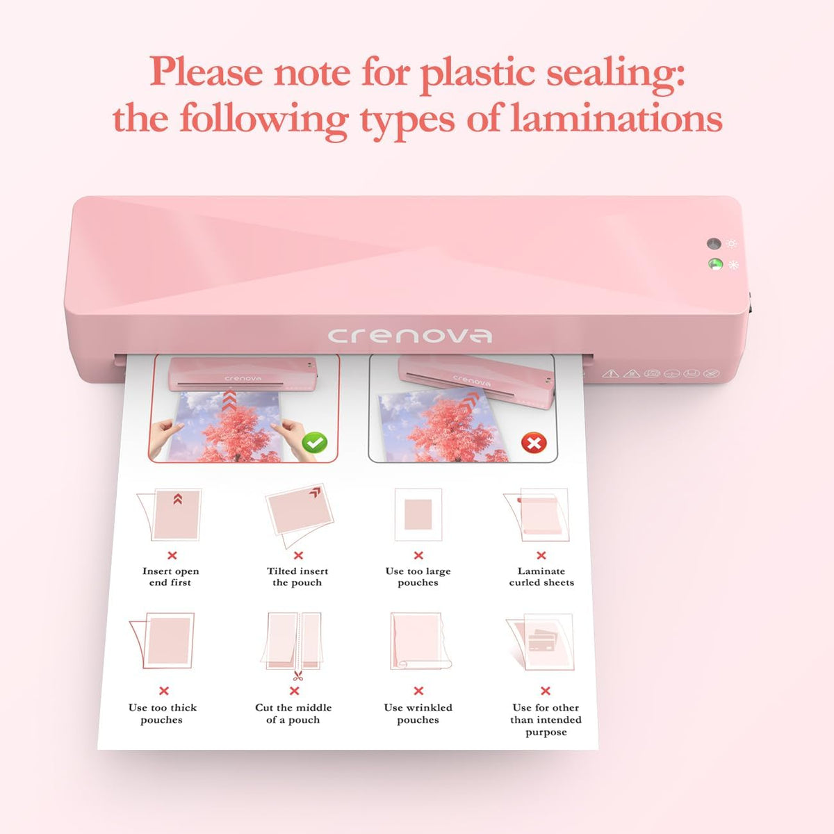 Crenova A4 Laminator Machine 4 in 1 Personal Desktop Hot & Cold with 10 Laminating Pouches No Bubbles 9 Inch Thermal Laminator for Home Office School Business Use Pink
