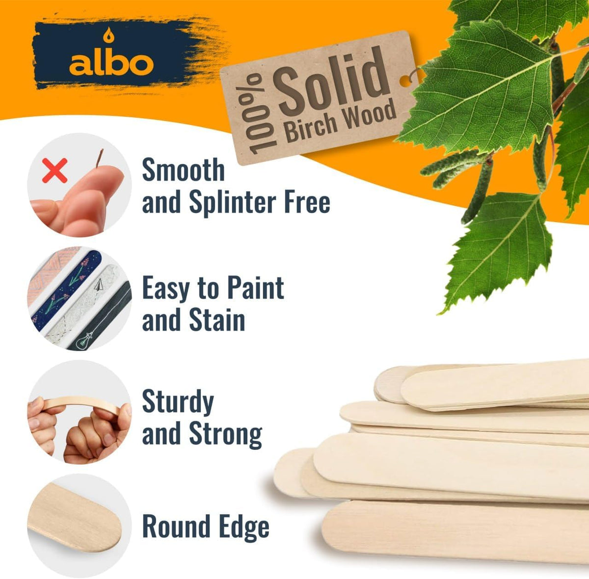 ALBO 1000 Pack 4.5" Wood Popsicle Sticks | Food-Safe Ice Cream, Cake Pop & Chocolate Molds | Waxing Applicators, Epoxy Resin Stir Sticks, Tongue Depressors | Bulk DIY Craft Supplies for Kids & Pros