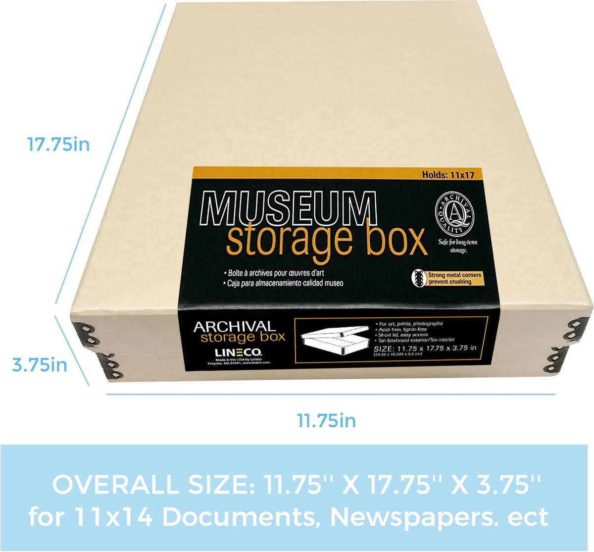 Lineco Museum Archival Storage Box, 11.75x17.75x3.75 in. Drop Front Design. Acid-Free with Metal Edge. Organize Photos, Pictures, Prints, Documents, Crafts, DIY. Tan, 1 Pack