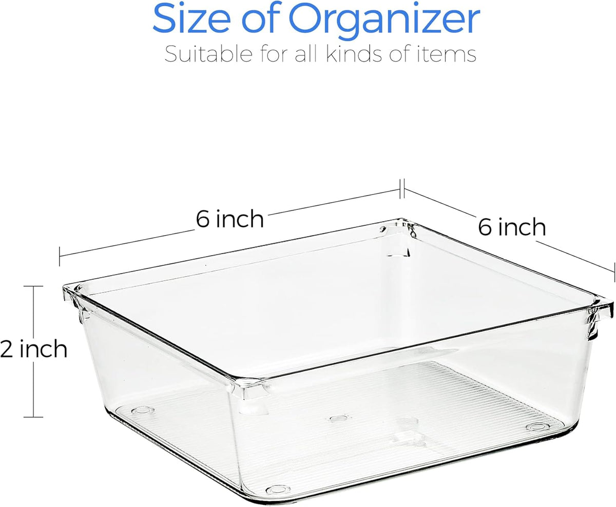 Ravinte 6 Pack Drawer Organizer - 6" X 6" Plastic Storage Bins, Acrylic Organizers with Non-Slip Pads Clear Desk Storage Tray for Makeup, Jewelries, Kitchen Utensils, Bathroom and Office