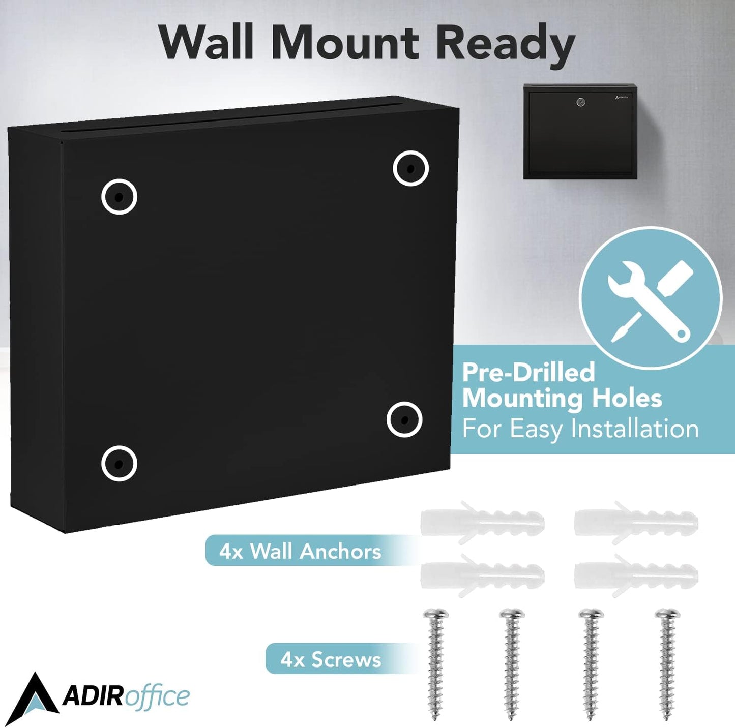 Adir Metal Suggestion Box with Lock and Slot, Wall Mount Deposit Box for Payments and Checks, Office Mail Box for Employees, Mailbox for House, Safe Drop Box with Keys - 3x10x12 Inch Black