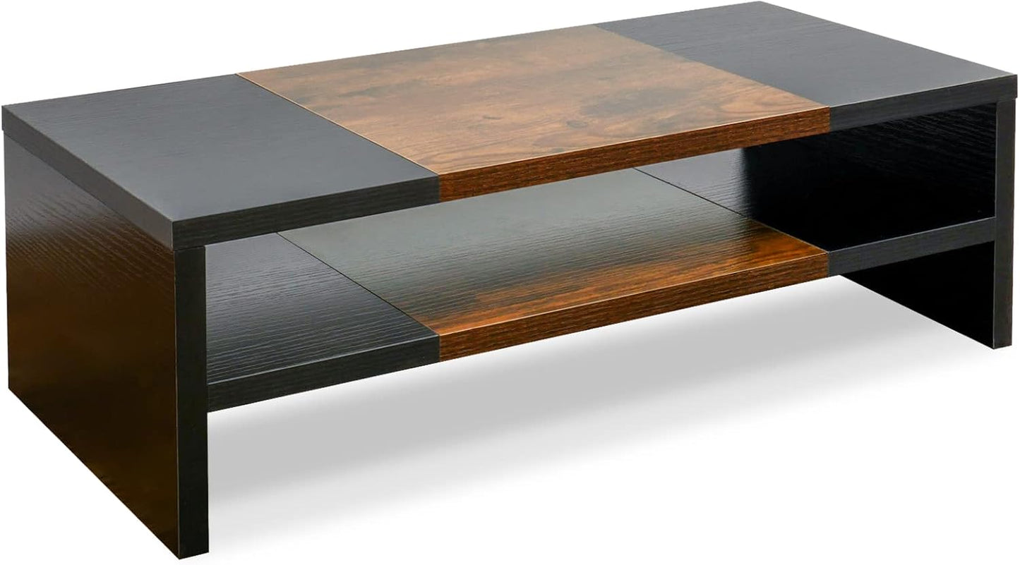 TEAMIX 2 Tiers Desktop Monitor Stand Riser 20 Inch Printer Stand with Storage Small TV Riser Laptop Wooden Desk Organizer Shelf Bookshelf (Black+Brown, 2 tiers)