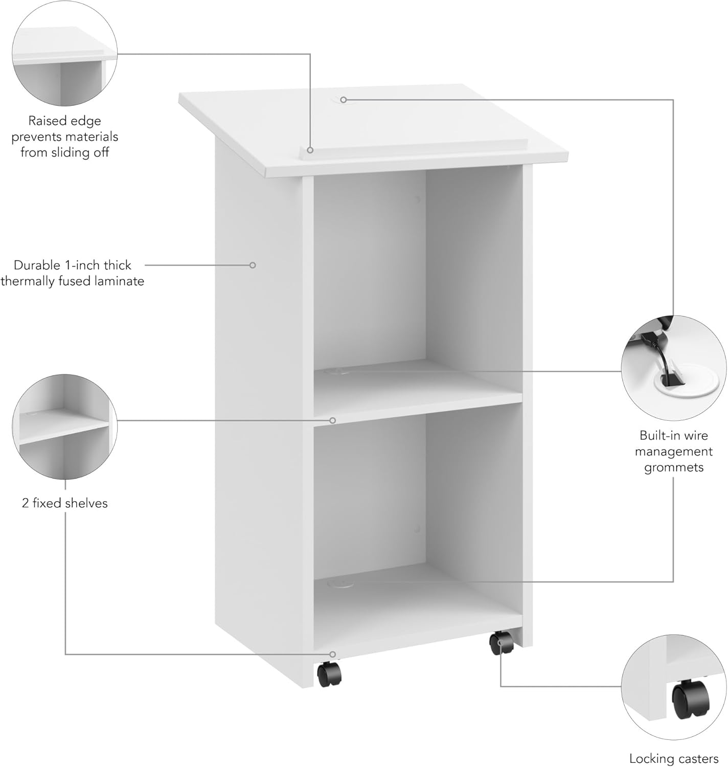 Bush Business Furniture Podium Lectern, 48 inch Tall, Professional-Grade Mobile Presentation Stand Up with Shelves, Envision Collection, White