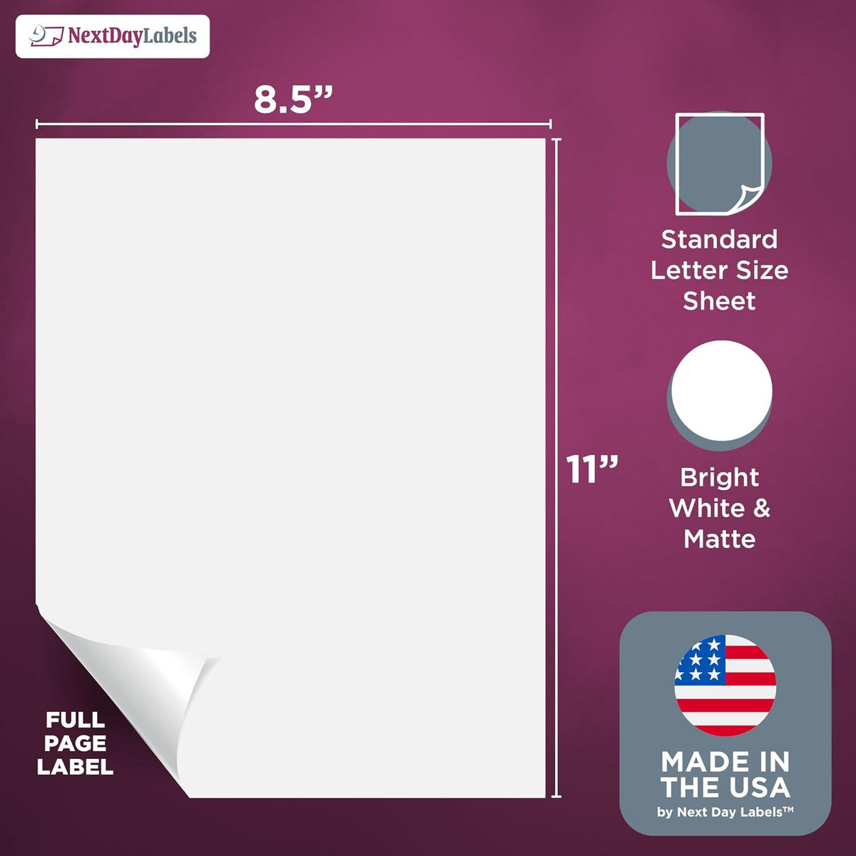 NextDayLabels - Full Page Labels 8.5 x 11 - White Shipping Labels - 8.5 x 11 Label Paper for Printer - Large Blank Matte Sticker Printer Paper - Laser/Inkjet Printer Labels (1 Per Sheet, 1000 Labels)