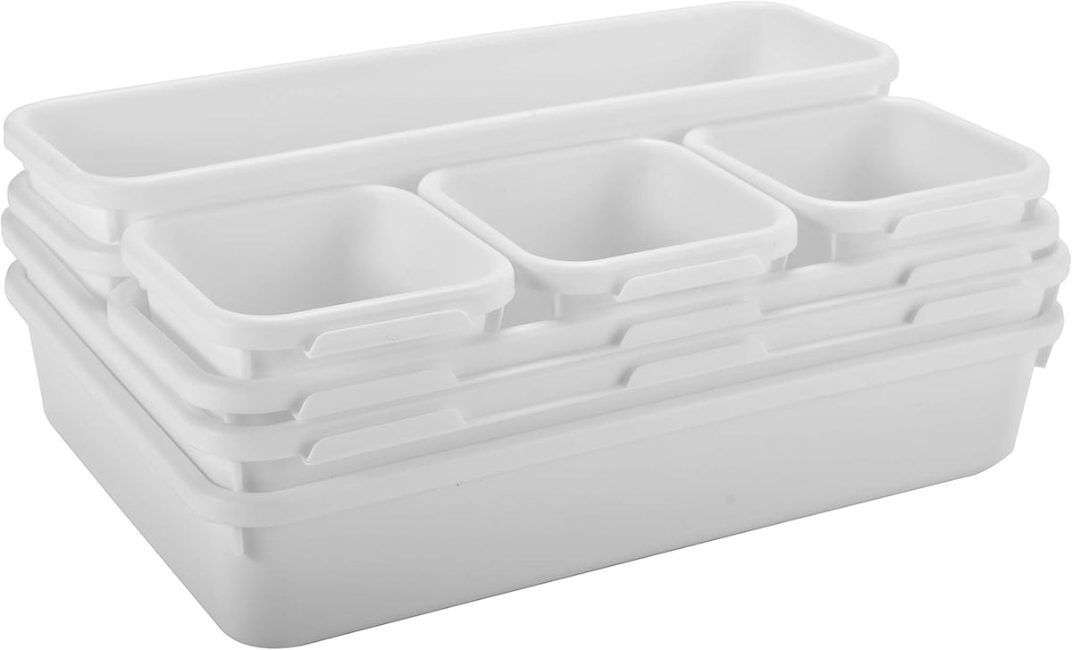 Masirs Interlocking Drawer Organizer Bins - Durable Plastic, Various Sizes for Custom Layout Design. Great for Desk Drawer, Tool Box or Garage Organization. (White | 8-Piece Set)