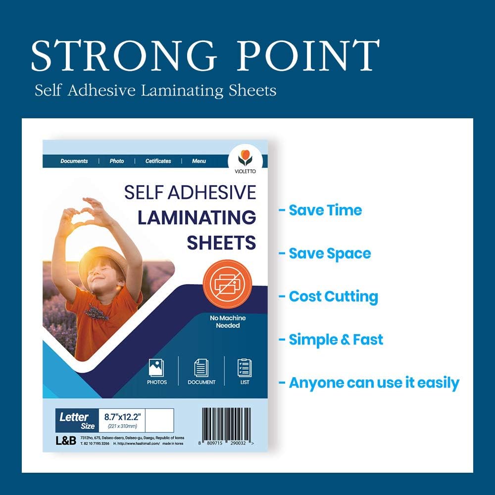 Self Stick Laminating Sheets 8.7 x 12.2 Inches, 4mil, Pack of 20, No Heat, No Machine, Peel and Stick Laminating Sheets, Self Adhesive Contact Paper, Self Sealing Clear Vinyl Stickers by VIOLLETO"