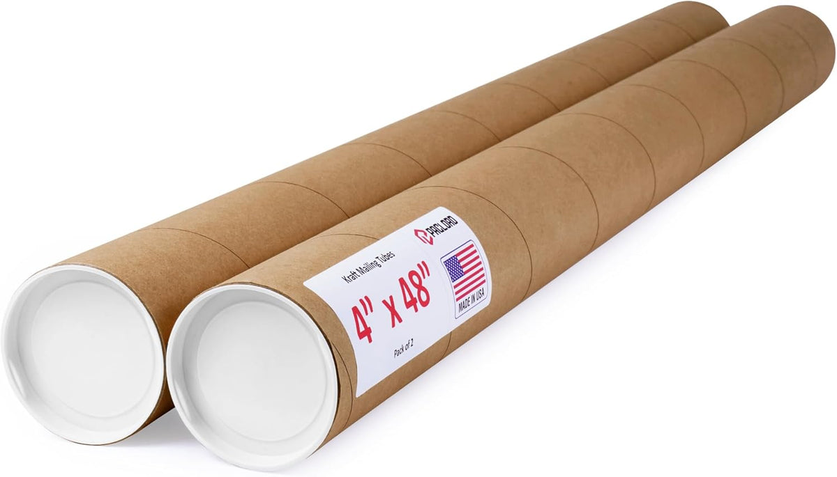 4" x 48" Reinforced Kraft Paper Mailing Tube, Pack of 2 Tubes with 2 Caps Each – USPS Approved Poster Tube – Made in USA Cardboard Tube for Shipping and Storing Posters, Prints, Artwork, or Documents