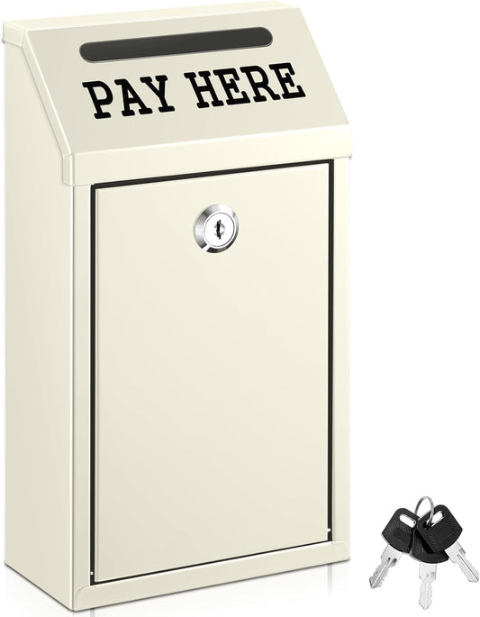 Safe Cash Box Money Collection Metal Donation Box with Lock Wall Mount Pre Drilled Mailbox Delivery Ballot for Home Office Outdoor Self Serve Stand (Beige,10.2 x 5.7 x 2.8 Inch)