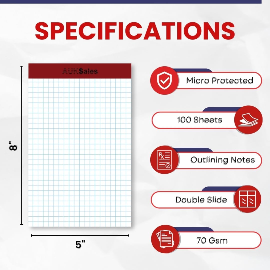 Grid Paper Pad 5x8 Inches, Graph Paper Pad 4x4, Grid Notepad, 36 Pack, 5x8 Graph Paper 1/4 Grid, Graphing Paper, Engineering Pad, 100 Sheets 200 Pages Perforated Pad for School, Home, & Office