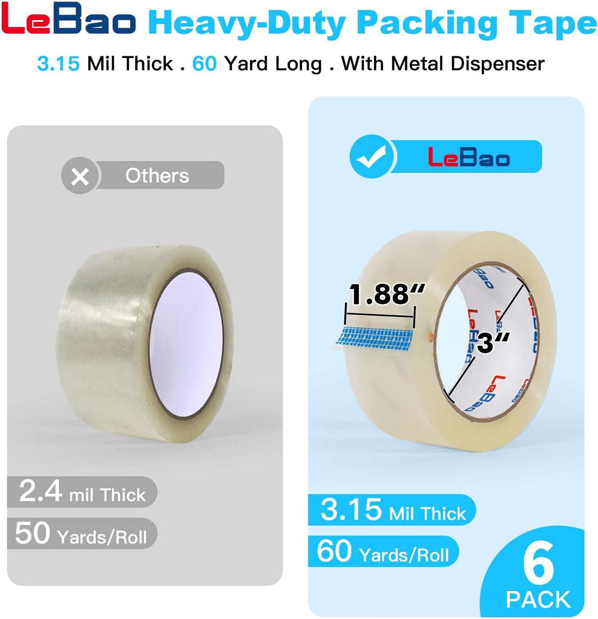 Heavy Duty Packing Tape for Moving Boxes - 1.88" x 360Yds (6 Rolls) Clear Moving Tape for Boxes, Secure Sealing for Cardboard, Bubble Wrap, Shipping Supplies (1, Metal Dispenser)
