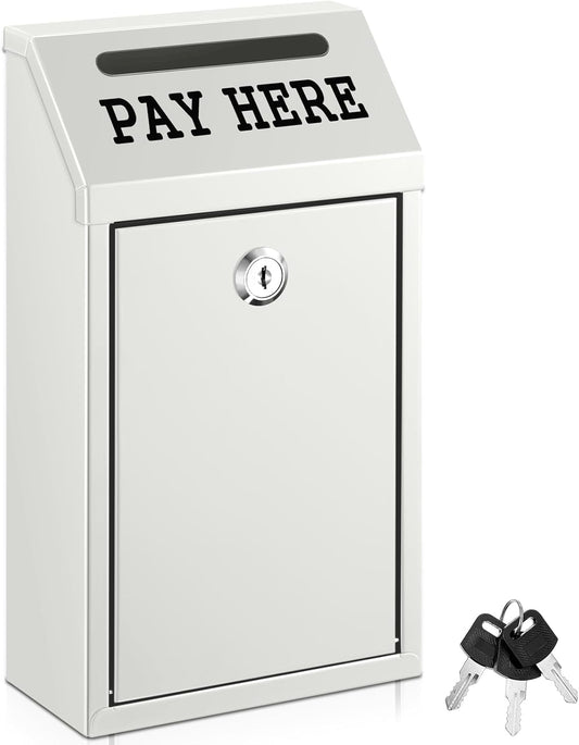 Safe Cash Box Money Collection Metal Donation Box with Lock Wall Mount Pre Drilled Mailbox Delivery Ballot for Home Office Outdoor Self Serve Stand(White,10.2 x 5.7 x 2.8 Inch)