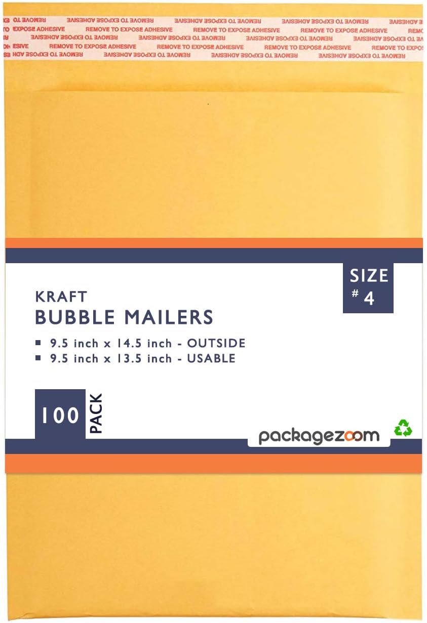 PackageZoom #4 9.5 x 14.5 Padded Envelopes Kraft Bubble Mailer Shipping Envelopes 100 Pack