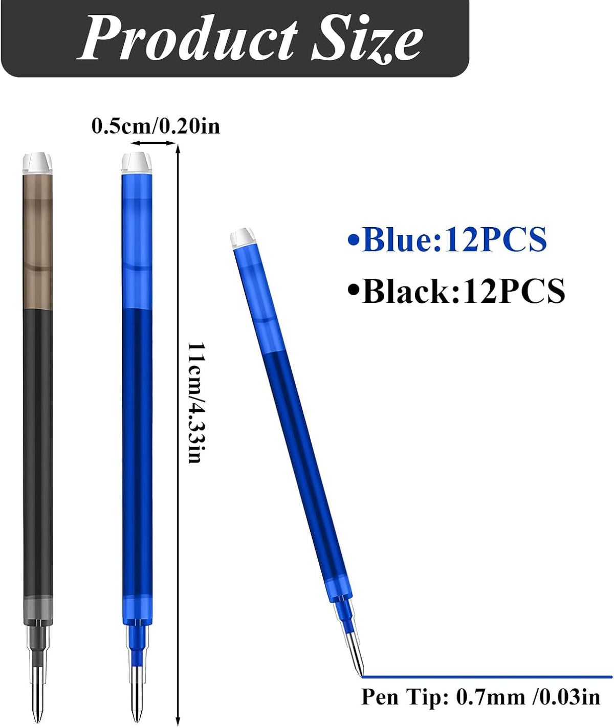 0.7 mm Erasable Gel Ink Pen Refills Compatible with Frixion Friction, Smooth Writing Multicolor Retractable Fine Point Pen Refill for School Office Home Art (Blue & Black, 24)