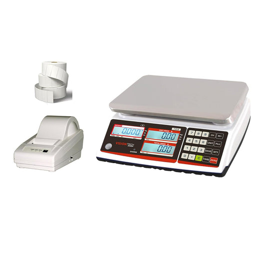 VisionTechShop TVP-60B Price Computing Scale, Lb/Oz/Kg Switchable, 60lb Capacity, 0.01lb Readability, NTEP Legal for Trade, NSF Certified LP-50 Thermal Label Printer, 1 Case of Labels LST8060