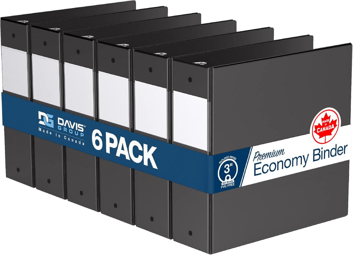 Premium Economy 6-Pack 3-Ring Binders for School or Office, Round-Ring Binders, 3 Inch, Black