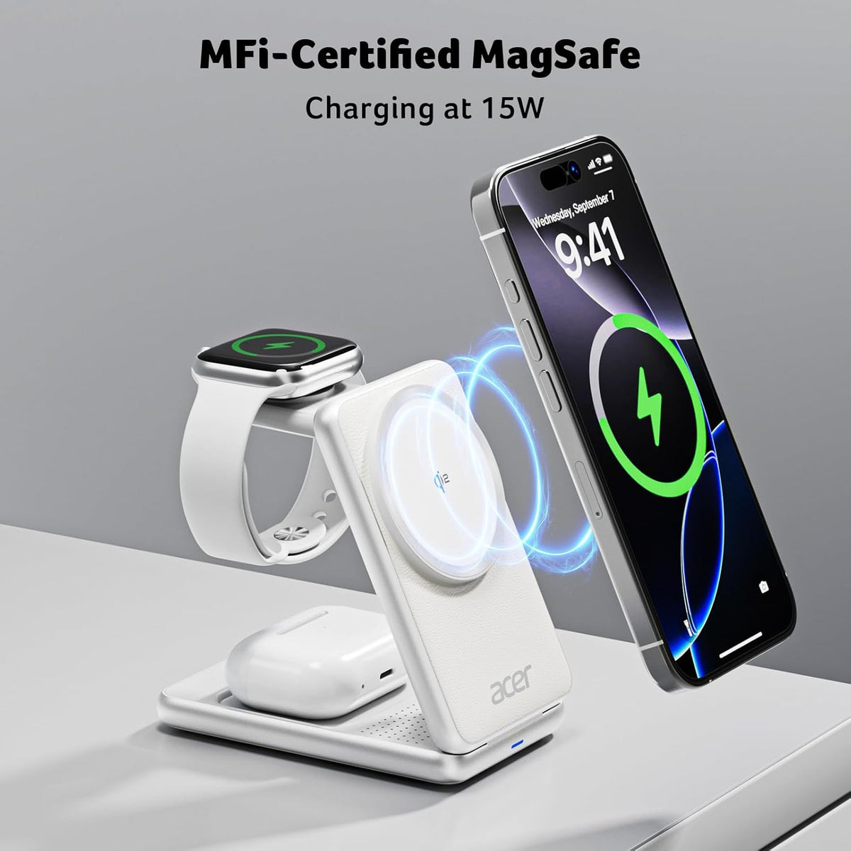 Acer Magnetic Wireless Charger, 3 in 1 Wireless Charging Station, 15W Fast MagSafe Charger for iPhone 16 15 14 13 12 Series -Apple Watch 10 9 8 7 6 5 4 3 2 SE and Ultra Series-Airpods 4 3 2 Pro Series