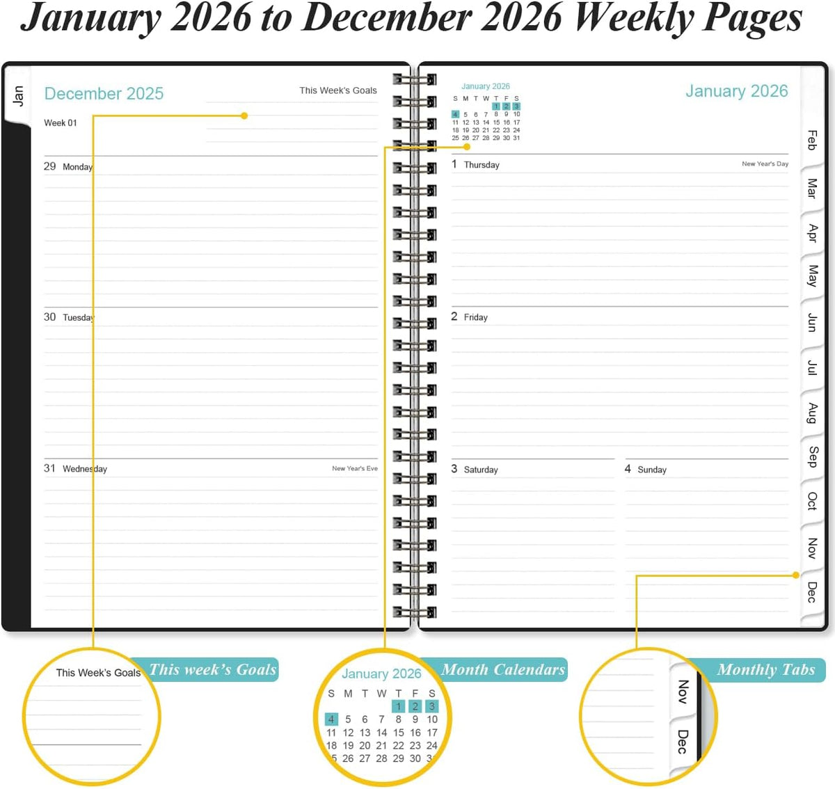Planner 2026 - A5 Weekly & Monthly Planner Spiral Bound, January 2026 - December 2026, with Flexible Cover, Tabs, Inner Pocket, 6.4" x 8.5", Black