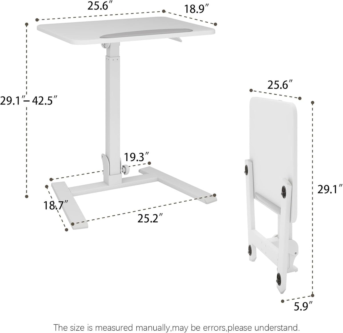 PUNCIA Adjustable Height Small Standing Desk Foldable Laptop Table with Stoppers - 90° Tiltable Rolling Computer Cart Portable Workstation Mobile Desk for Home Office Small Space Bedroom Dorm Study