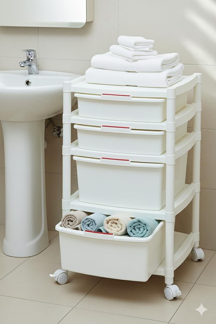 Multipurpose Mobile Rolling Drawer Organizer Cart with Four Drawers for Storage and Organization for Art, Craft, School, Office, Home, Beauty Salon, Bathroom or Kitchen White